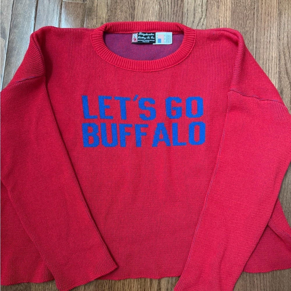 Red Sweater with Blue 'Let's Go Buffalo' Text—Hand made knitted!!!